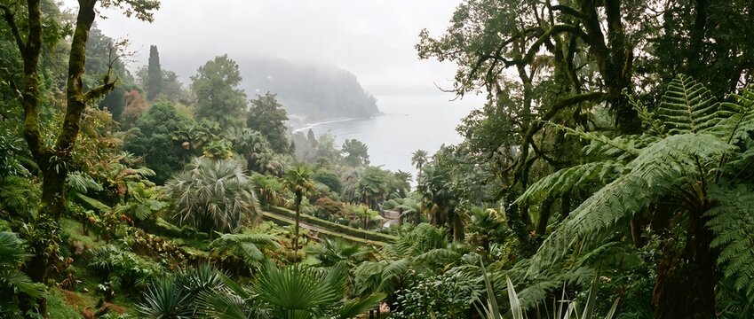 Misty Tropical Forest View of Black Sea Coast in Batumi Botanical Garden