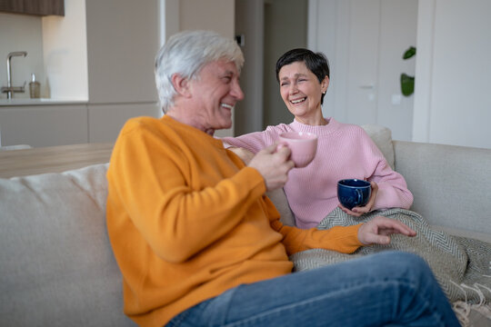 Cheerful elderly husband and wife sit on couch with cups, laugh and look at each other, joyful senior spouses enjoy tea, shared humor, loving bond and positive retirement lifestyle together.
