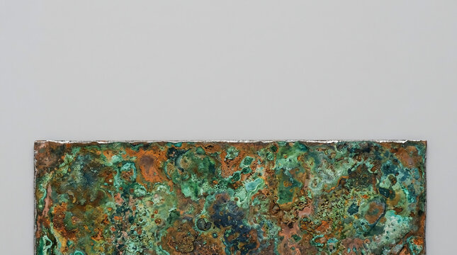 Macro close-up of a corroded copper plate showing vibrant green verdigris patina and brown rust oxidation textures against a clean neutral gray background with copy space for design.