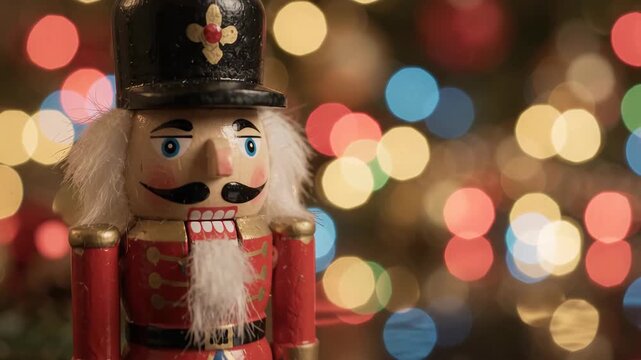 traditional wooden nutcracker toy figurine on reflective table with colorful glowing bokeh christmas tree lights and pine branch. holiday celebration background.