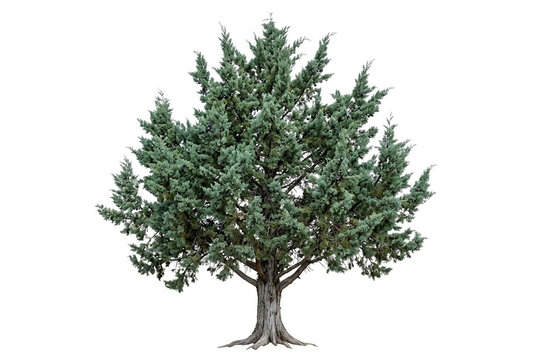 Ultra-realistic mature Greek Juniper (Juniperus excelsa), medium-to-large evergreen with a broad conical to irregular crown, dense blue-green scale foliage, ascending branches, rugged gray-brown bark