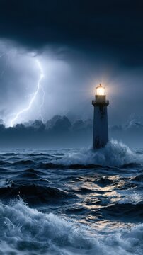 Dramatic stormy seascape with crashing waves and a glowing lighthouse amidst dark clouds and vivid lightning illuminating the night sky