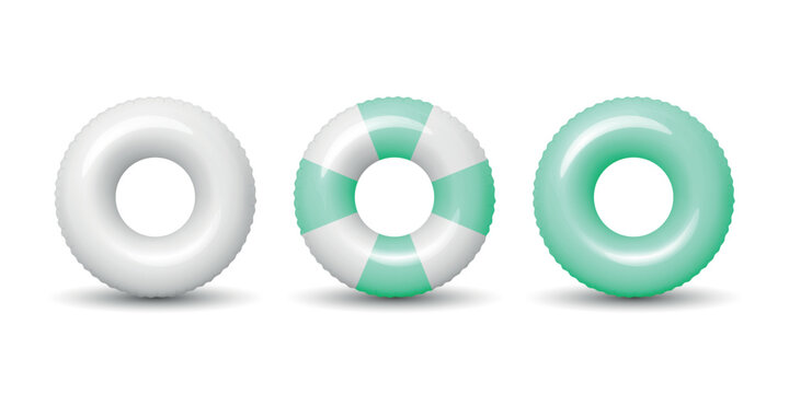 Swim Ring Set, 3d Vector Illustration. Inflatable Swim Ring Collection, Front View. White and Green Pool Float and Lifebuoy Rings for Beach, Pool Party, Summer Vacation, Water Safety, Swimming Design