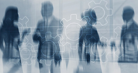 Business process automation concept with mechanical gears and digital icons on abstract blue...