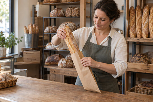 Boulang&egrave;re glissant une baguette dans un sachet au comptoir