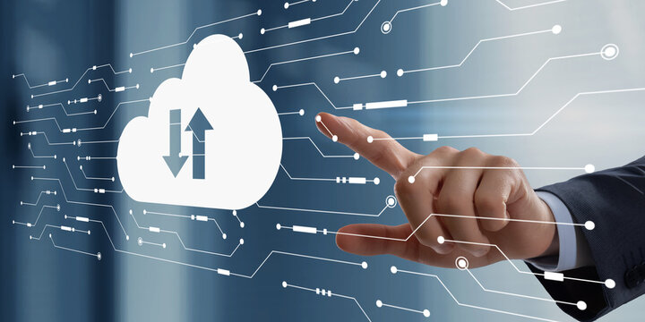 Cloud Computing Concept with Network Connections and Hand Gesture Interface