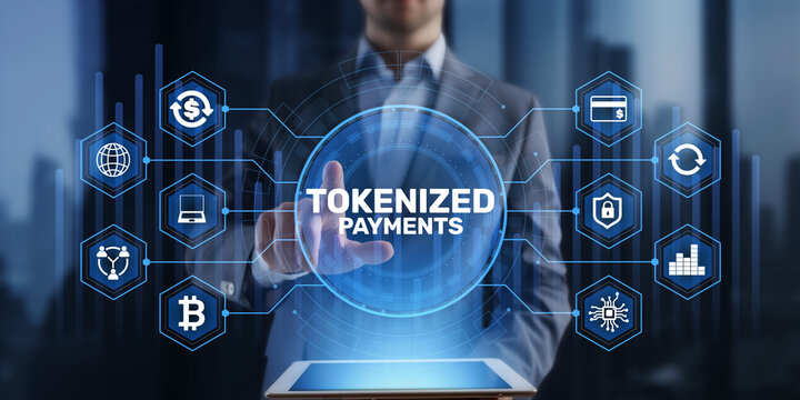 Tokenized Payments Digital Asset Platform with Blockchain Transactions Secure Interface Businessman Touching Virtual Dashboard Screen Processing Technology Concept
