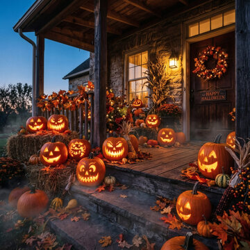 Traditional Stone Porch Decorated For Halloween With Numerous Glowing Carved Jack O Lanterns, Colorful Autumn Leaves, Hay Bales, And Spooky Seasonal Decorations At Night