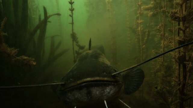 A wels catfish moves toward the camera with its barbels spread wide. It hesitates and then turns away and swims off. Filmed on the bed of a French lake among dark aquatic plants.