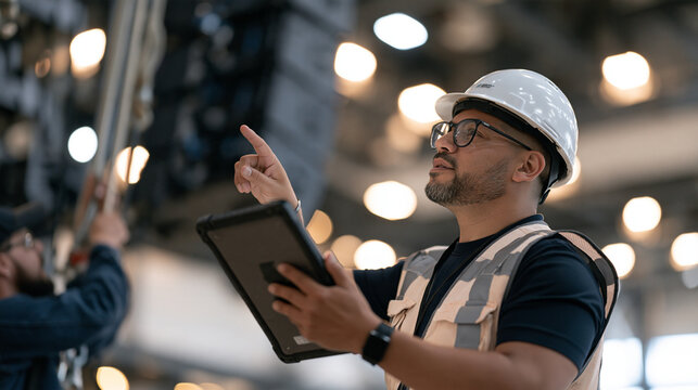 A structural engineer in a reflective vest points toward a suspended speaker cluster while a production rigger adjusts slings overhead, both reviewing a digital load chart on a