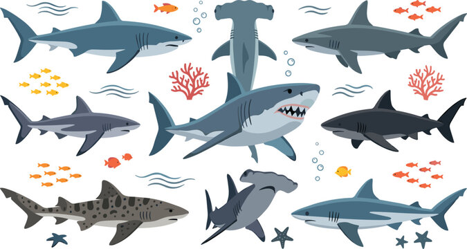  Predatory Shark Species Vector Icon Set with Great White, Hammerhead, and Leopard Sharks for Marine Biology, Ocean Education, and Aquatic Wildlife Designs