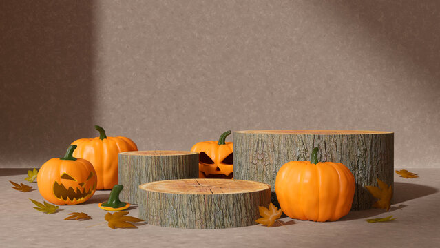 3D Illustration of Halloween Wooden Podium Display with Pumpkins and Leaves