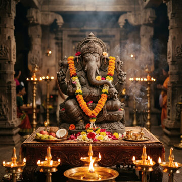 Lord Ganesha Idol Decorated With Marigold Garlands And Burning Oil Lamps Inside A Traditional Hindu Temple During A Prayer Ceremony With Incense Smoke And Fruit Offerings