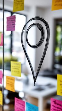 Modern office glass wall covered with colorful sticky notes surrounding a bold hand-drawn location pin symbol in a creative workspace environment