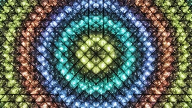 Vibrant glowing crystal mosaic tunnel animation with shimmering colorful geometric patterns and rhythmic light motion