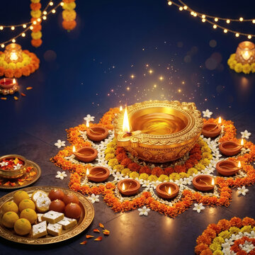 Traditional Diwali Decorations Featuring A Glowing Golden Diya Lamp On A Marigold Flower Rangoli With Assorted Indian Sweets And Festive Fairy Lights In The Background