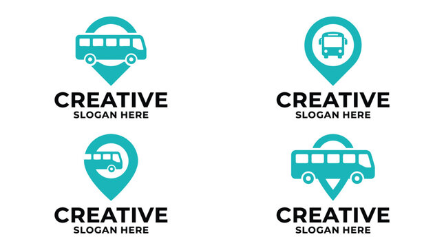 Cyan bus transportation logo design concepts featuring location pin icons with modern minimal vector styling