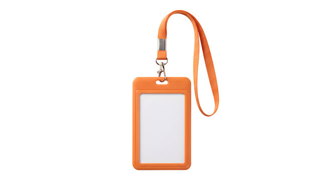 A vibrant orange id card holder with a lanyard perfect for events and identification isolated on transparent background