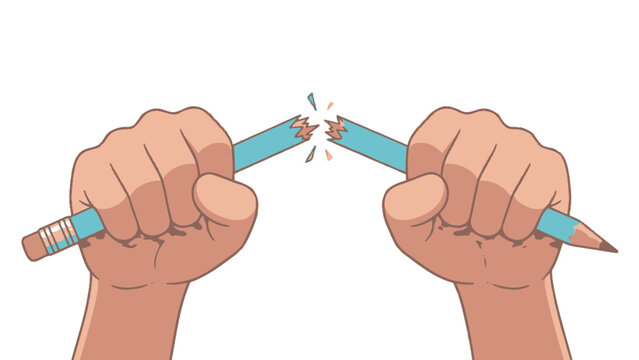 Two hands breaking blue wooden pencil in half with angry frustration during stressful moment