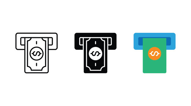Multiple atm machine icons with dollar bill cash withdrawal in outlined and flat graphic styles