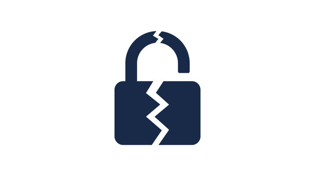 Broken dark blue padlock graphic featuring jagged cracks displaying vulnerability and system compromise concepts