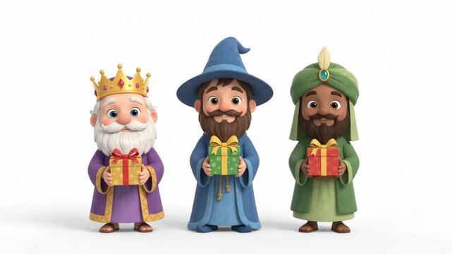 cute 3d cartoon three wise men holding gift boxes on white background. epiphany and christmas nativity celebration. holiday greeting card, festive animation.