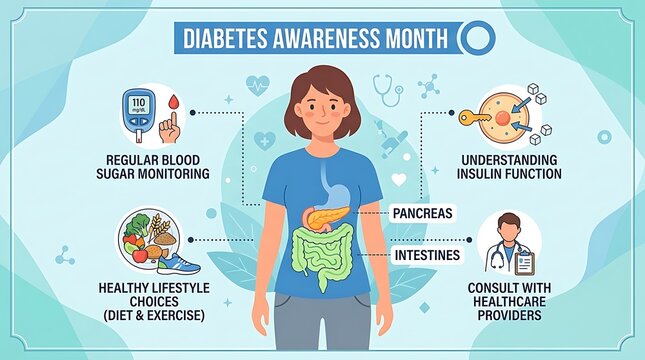 Diabetes awareness month infographic showing health tips and human anatomy