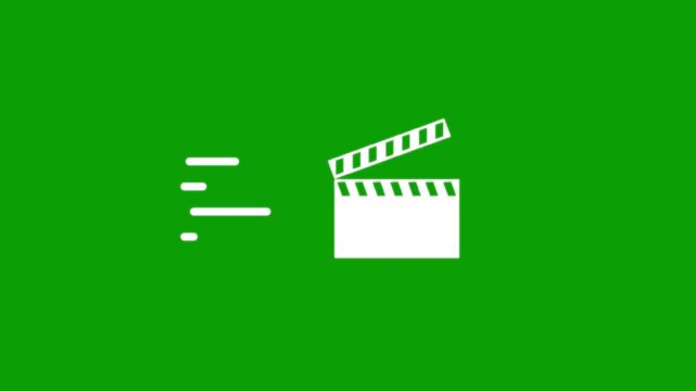 Minimalist white movie clapper board animation with motion lines on green screen background for cinema production.