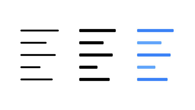 Three variations of a text alignment showing left-aligned text lines in thin line, bold black, and blue colors on white background