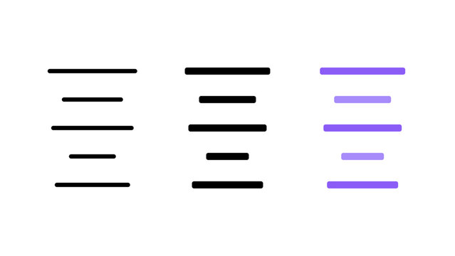 Three variations of a center text alignment featuring symmetrical lines in thin line, bold black, and purple colors on white background