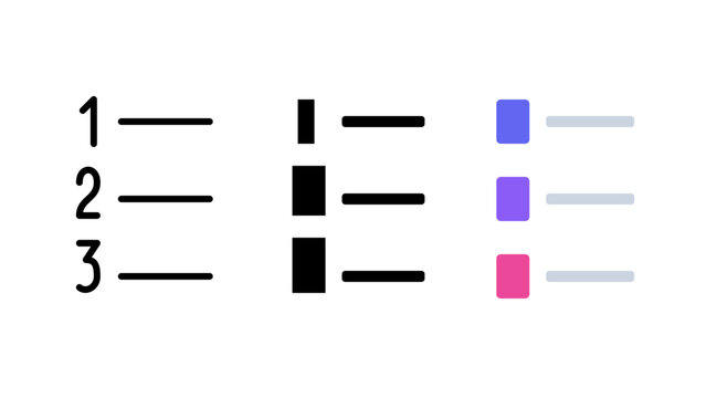 Three variations of a numbered list featuring numbers and lines in thin line, bold black, and multi-colored square styles on white background