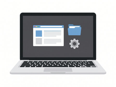 Laptop with interface elements showing web browser window, file folder, and gear settings icon isolated on white background