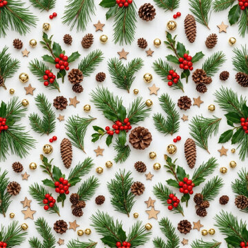 Festive Christmas Seamless Pattern Featuring Green Pine Branches, Red Holly Berries, Pinecones, Golden Baubles, And Wooden Stars Isolated On A Clean White Background
