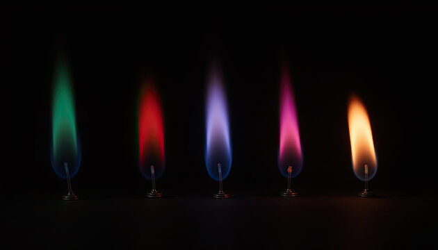Row of colored flames showing green, red, violet and orange
