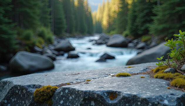 Empty flat granite rock by a mountain stream for product display