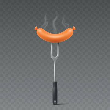 Sausage, 3d Vector Illustration. Grilled Sausage on Barbecue Fork. Realistic Sausage Food Illustration Isolated. BBQ Menu, Cookout, Grill Party, Picnic, Kitchen Design, Fast Food