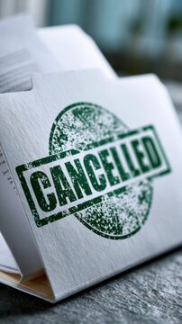 Folder with documents marked with a bold green cancellation stamp symbolizing rejected paperwork or terminated contracts in an office environment