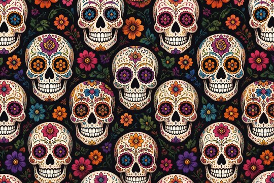 Decorative sugar skulls repeated with floral elements on dark background