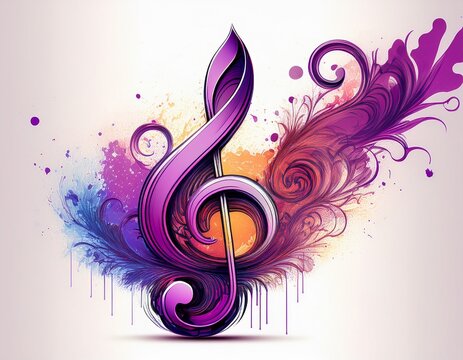 colorful watercolor splash art with large purple treble clef