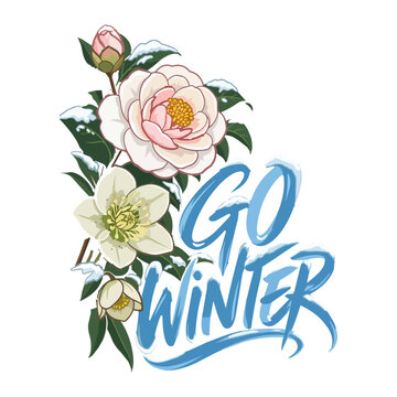 Go Winter Hand Lettering with Snow Covered Flowers and Green Leaves, Seasonal Botanical Illustration