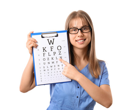 Eye exam and vision care, optometrist holding a Snellen chart for eyesight testing and ophthalmology checkup in a medical clinic on white background