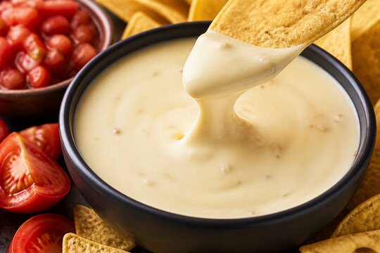 Chip dipping melted cheese sauce in bowl with tortilla chips