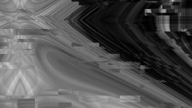 Dynamic white glitch square pattern on black twirl background. Abstract digital noise texture animation for modern sci fi design.
