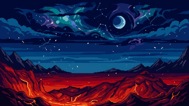 Pixel art landscape with glowing lava and dark night sky