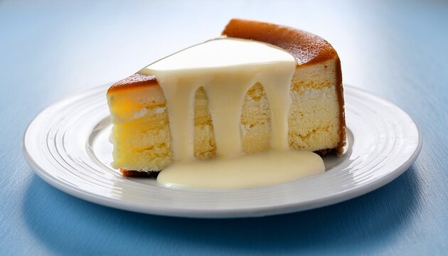 a slice of tres leches cake drenched in milk on a white plate