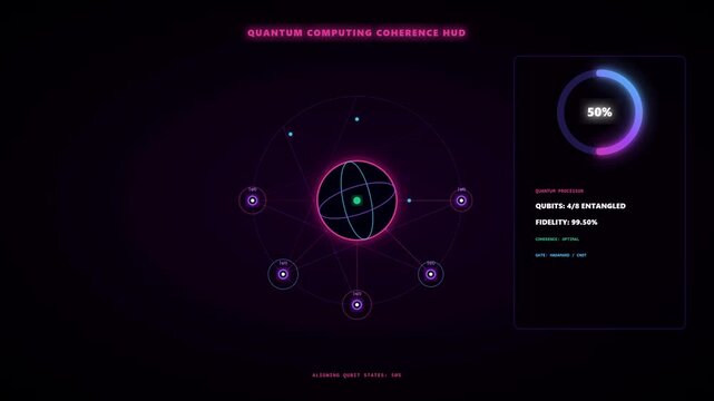 Futuristic Quantum Computing Coherence HUD Animation Showing Qubit Entanglement Progress and System Fidelity Data with Neon Digital Interface Elements on Dark Background for High Tech Concepts