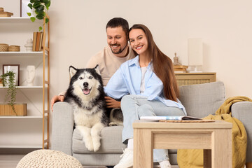 Pet ownership and family lifestyle, happy couple sitting on a sofa with their husky dog at home in a cozy living room interior © Pixel-Shot