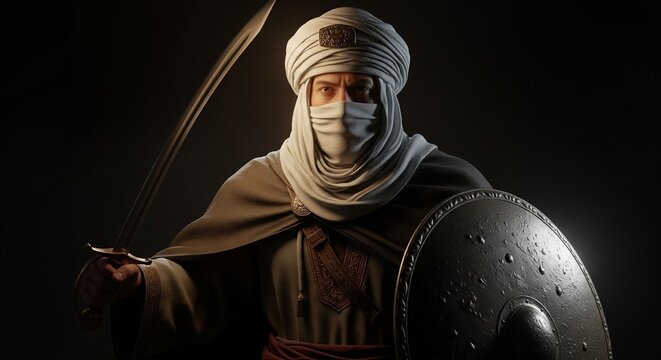 Middle Eastern warrior wearing traditional turban and face covering holding ancient sword and shield in dramatic dark lighting