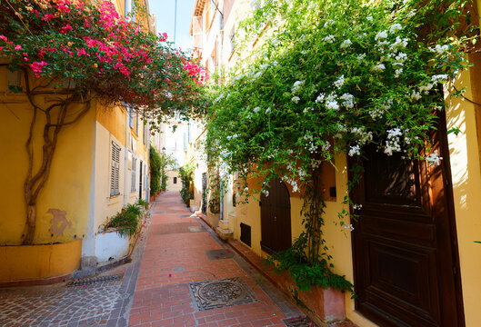 Sunlit alley in Antibes Old Town framed by pink bougainvillea and white jasmine, French Riviera, France