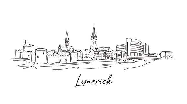 Minimalist Limerick Skyline Illustration Featuring Historic and Modern Architecture